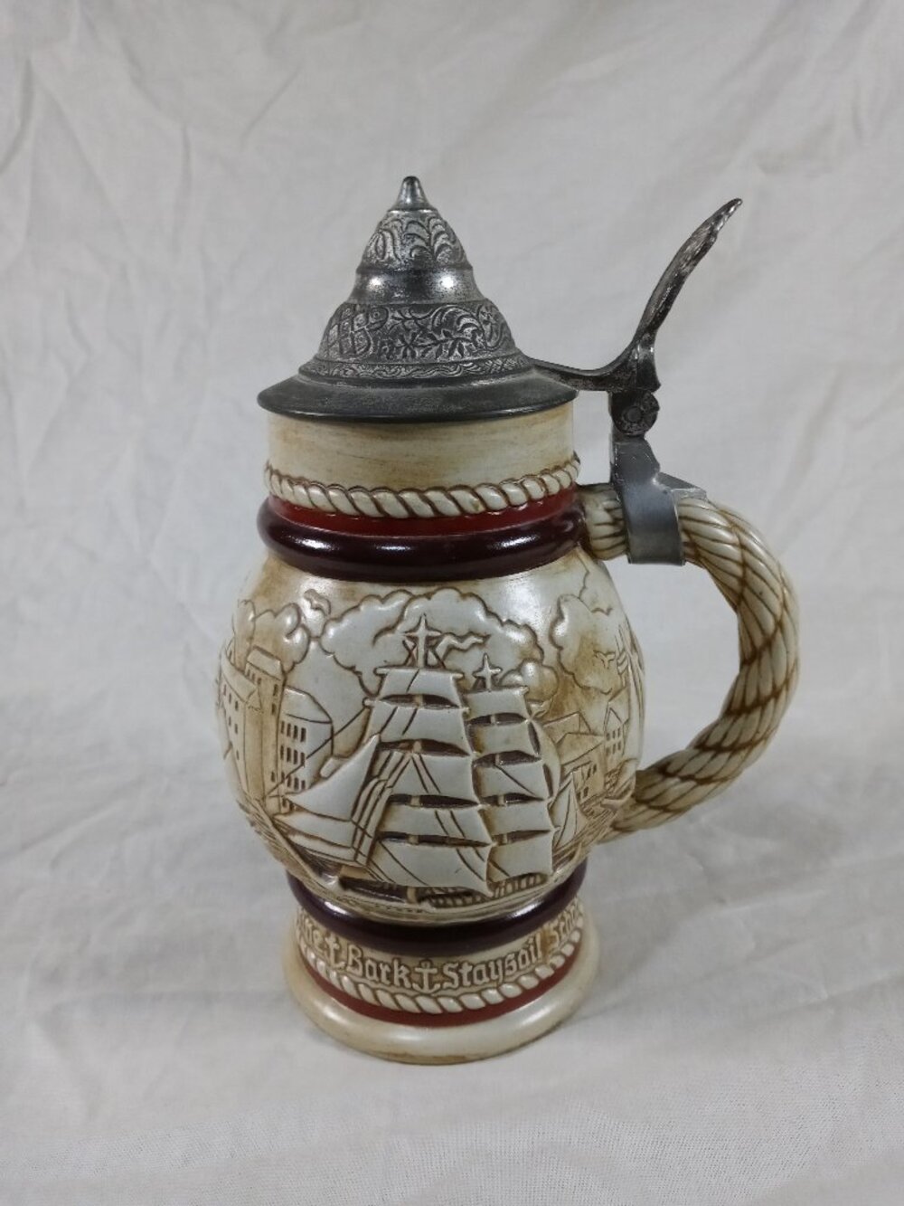 Ceramarte 1977 Avon Nautical Beer Stein Sailing Ships with Metal Pewter Lid Top
